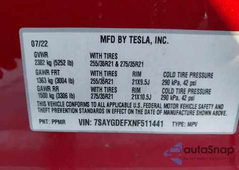2022 Tesla Model Y Performance Dual Motor All-Wheel Drive z USA, uszkodzony, nr VIN 7SAYGDEFXNF511441